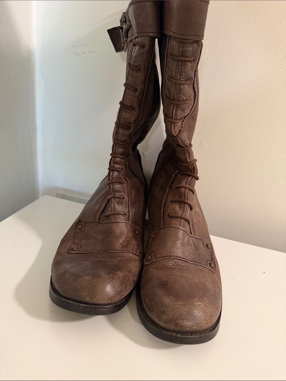 Women's Brown Lace-Up Combat Boots - Tall Moto Style